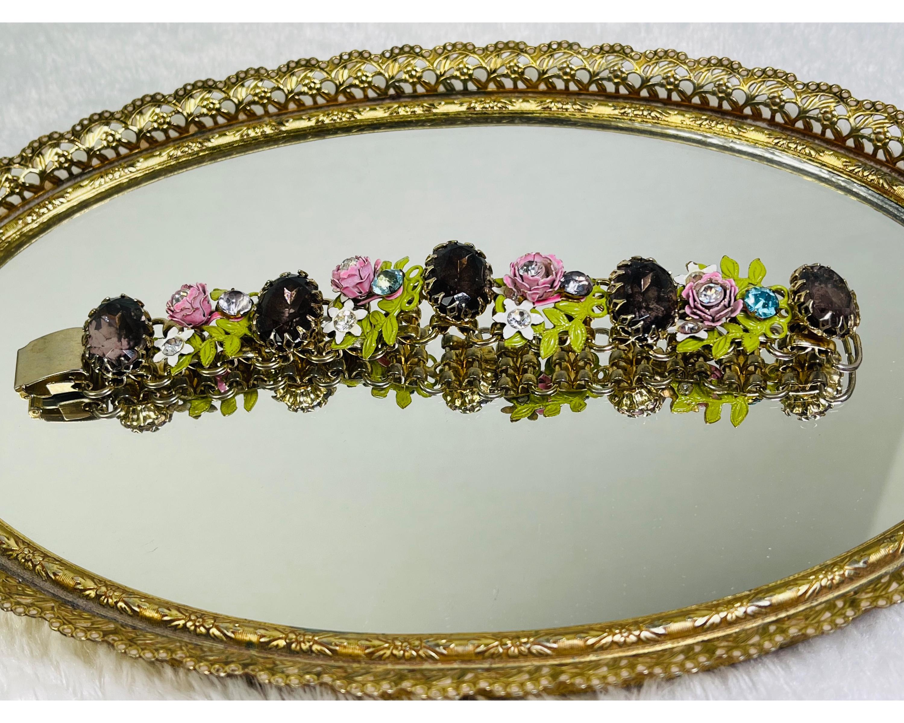 Vintage Purple Rhinestone Gold Tone Floral Bracelet Enamel Flowers Cottage Core Jewelry Lavender Blue Rhinestones Renaissance Fair Accessory