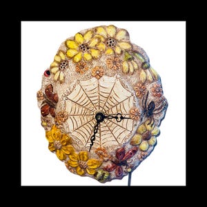 Vintage Ceramic Hand Painted Spiderweb Clock Hanging Plug In Clock W/ Butterflies Flowers Spiders Lady Bugs Cottage core Halloween Wall Deco