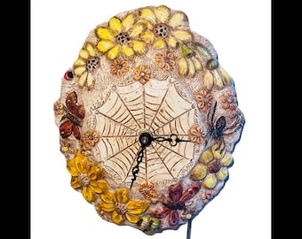 Vintage Ceramic Hand Painted Spiderweb Clock Hanging Plug In Clock W/ Butterflies Flowers Spiders Lady Bugs Cottage core Halloween Wall Deco