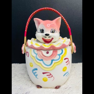 Vintage Anthropomorphic Cat Kitten Biscuit Cookie Jar Japan Grantcrest 1950s Pink MCM Cat Canister