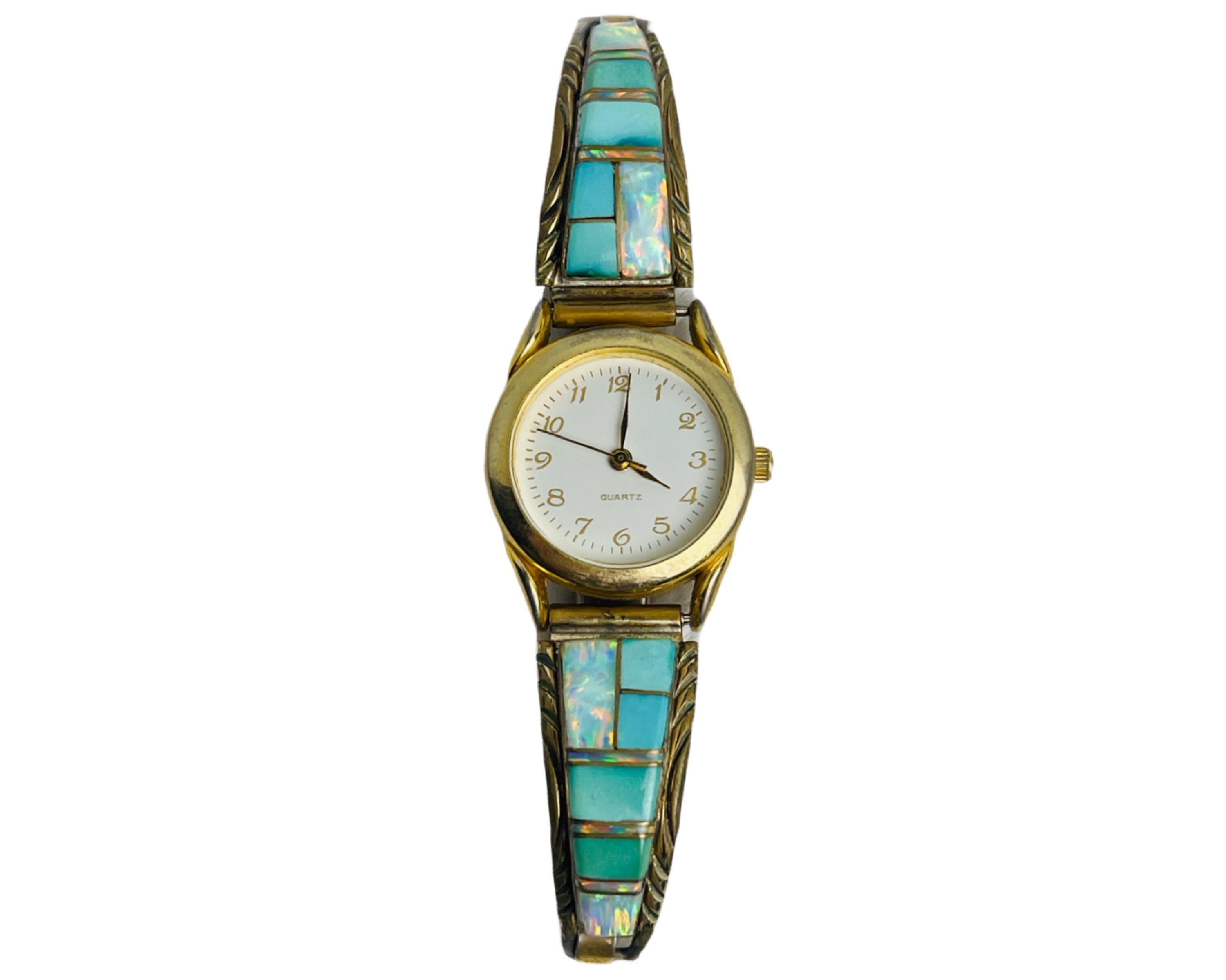 Vintage 12k GF Gold Opal Turquoise Inlay Watch Southwest 