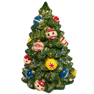 Vintage Ceramic Ornament Lighted Christmas Tree With Illuminated Star Circle Cutouts Holiday Bulb Tree Mold Retro Kitschmas Decoration