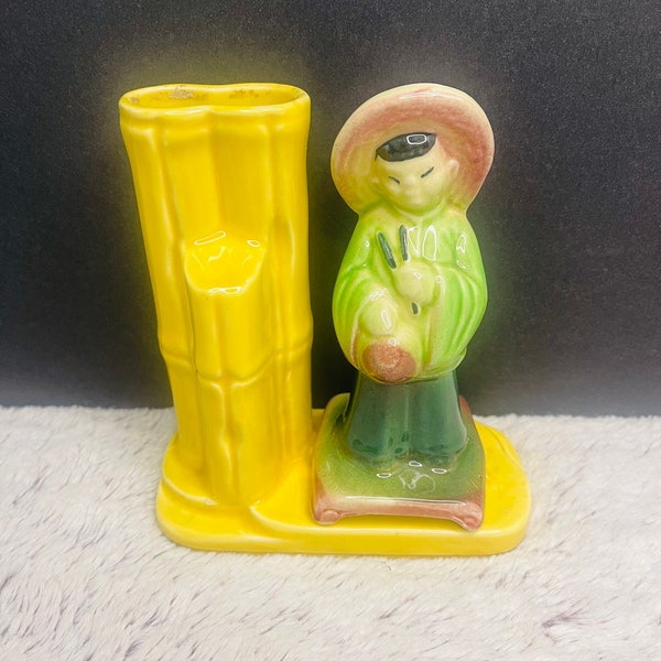 Shawnee Pottery Ceramic Asian Chinese Planter Vase Figurine Man Woman Rice Hat with Bamboo Stalks Green Yellow Kitschy MCM