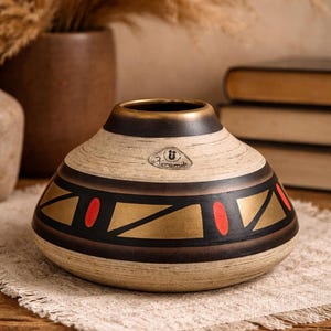 May include: A ceramic vase with a beige, brown, and gold geometric design. The vase has a wide base and a narrower neck with a gold rim. Red accents are incorporated into the design. The vase has a textured surface and a small metal emblem.