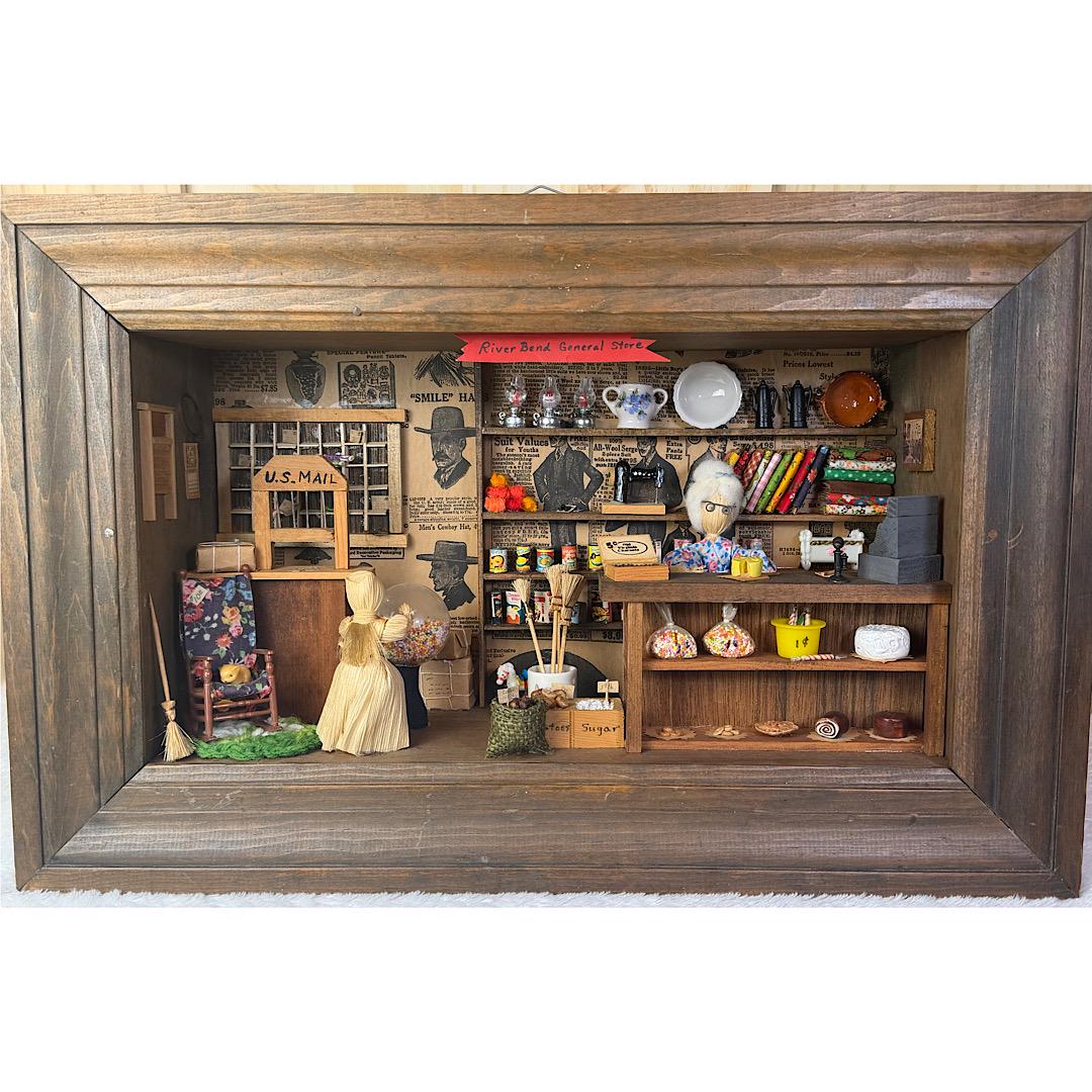 Handcrafted General Store Diorama in Wood Shadow Box - Folk Art Miniature Scene with Shopkeeper & Vintage 85+ Collectible Miniature Items