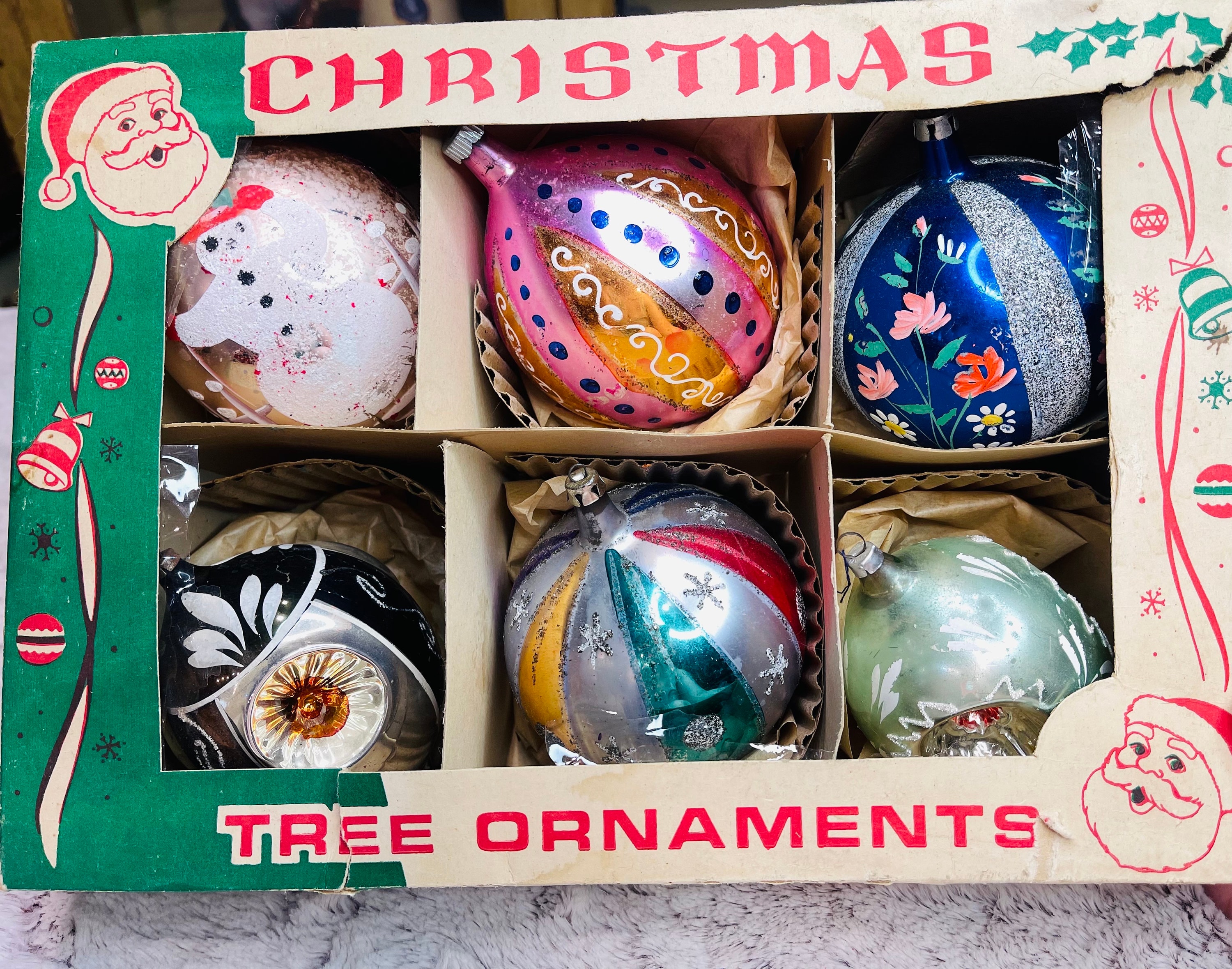 6 Jumbo Poland Fantasia Ornaments With Box Mercury Glass 6 Jumbo Poland Fantasia Ornaments With Box Mercury Glass