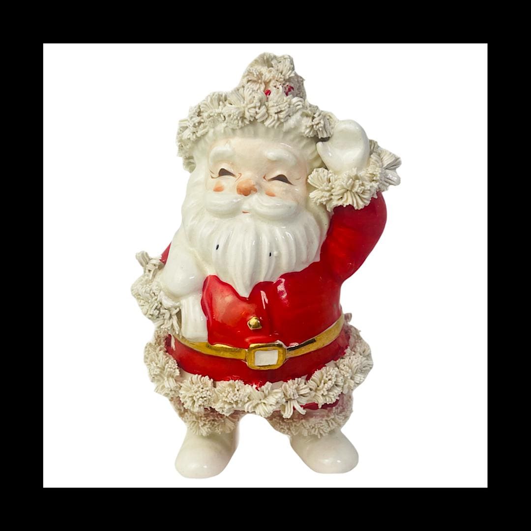 1950’s Napco Waving Santa Claus Planter Figurine Red Suit Toy Bag Sack Christmas Decor Retro Kitsch White Spaghetti Trim Vase
