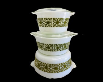 PYREX Bowl Dish Set 5 pc. Green & White VERDE Autumn Floral Round Cinderella Casserole, Lid Set Pyrex Kitchenware Collector