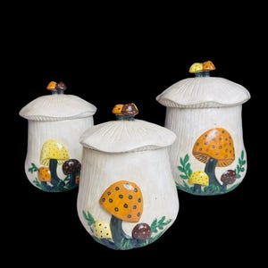 1970’s Arnel&#39;s Mushroom Lidded Canister Set 6 Piece Set MCM Hand Painted Merry Mushroom Style Ceramic Jars 3 Sizes Small Medium Large