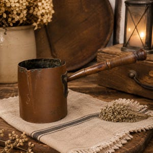 May include: A vintage copper saucepan with a wooden handle. The pot is a warm, reddish-brown color, showing signs of age and use. It sits on a linen cloth with a dark stripe, suggesting a rustic or farmhouse aesthetic. Dried flowers and wooden objects are in the background.