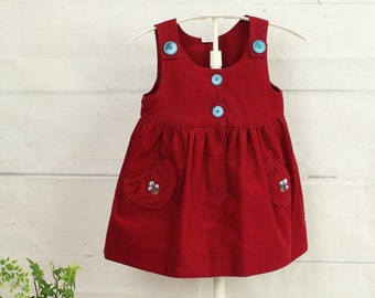 Girl's Embroidered Corduroy Dress, Red School Dress, Special Occasion Dress, Warm Pinwale Corduroy Jumper, embroidered christmas dress