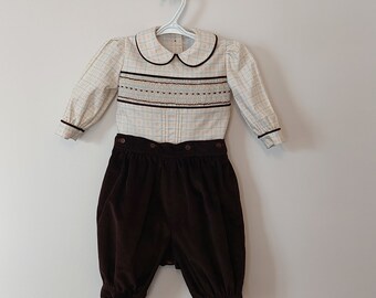 12 mth old baby's smocked outfit, corduroy romper with plaid shirt, warm baby pants with smocked collar shirt, formal outfit for baby