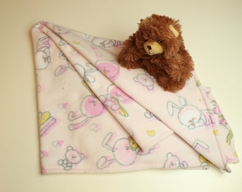 Fleece pink bunny and bear blanket, cot blanket, bunny and bear swaddle blanket, car seat blanket