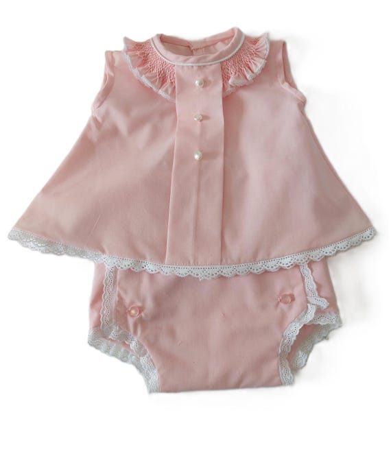 Vintage-Inspired Pink Baby Set: Hand-Smocked Newborn Ensemble, Lace trimmed Cotton Shirt and Pants, Baby gift, Adorable Baby Girl Outfit