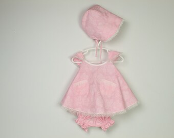 pink summer dress set, pink and white cotton infant set, girl dress diaper cover and hat, baby top diaper cover and bonnet