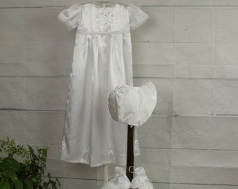 Embroidered satin baptism or special occasion set, christening set, white bonnet, shoes and gown for naming ceremony