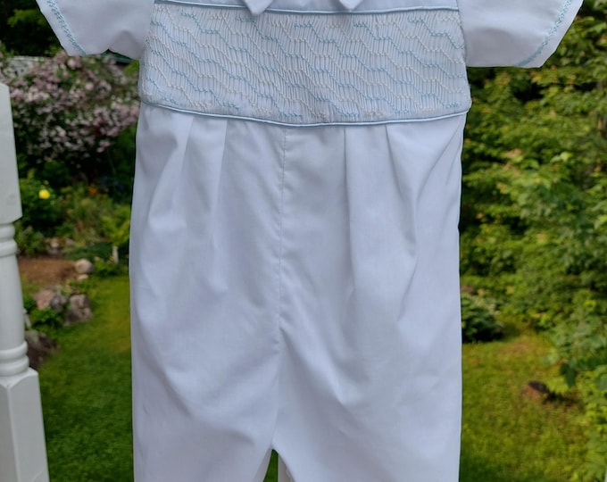Featured listing image: Elegant White Smocked Romper for Baby Boys, Infant Baptismal or Special Occasion Suit, Naming Ceremony Romper, Baby Christening Outfit