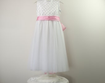 Beaded Flower Girl Dress with Tulle Skirt and Sash, Satin Special Occasion Dress, Satin Bridesmaid Dress, Satin and Tulle Dress with Sash
