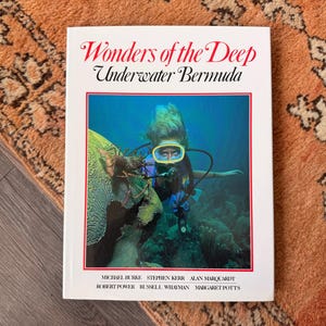 May include: A hardcover book titled Wonders of the Deep Underwater Bermuda with a white cover featuring a photograph of a scuba diver wearing a yellow mask and a lobster on a coral reef. The authors' names are printed in black at the bottom.