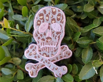 Skull & Crossbones Pink and Leopard Spotted Patch, Patch, Vest Patch, Hook and Loop backed