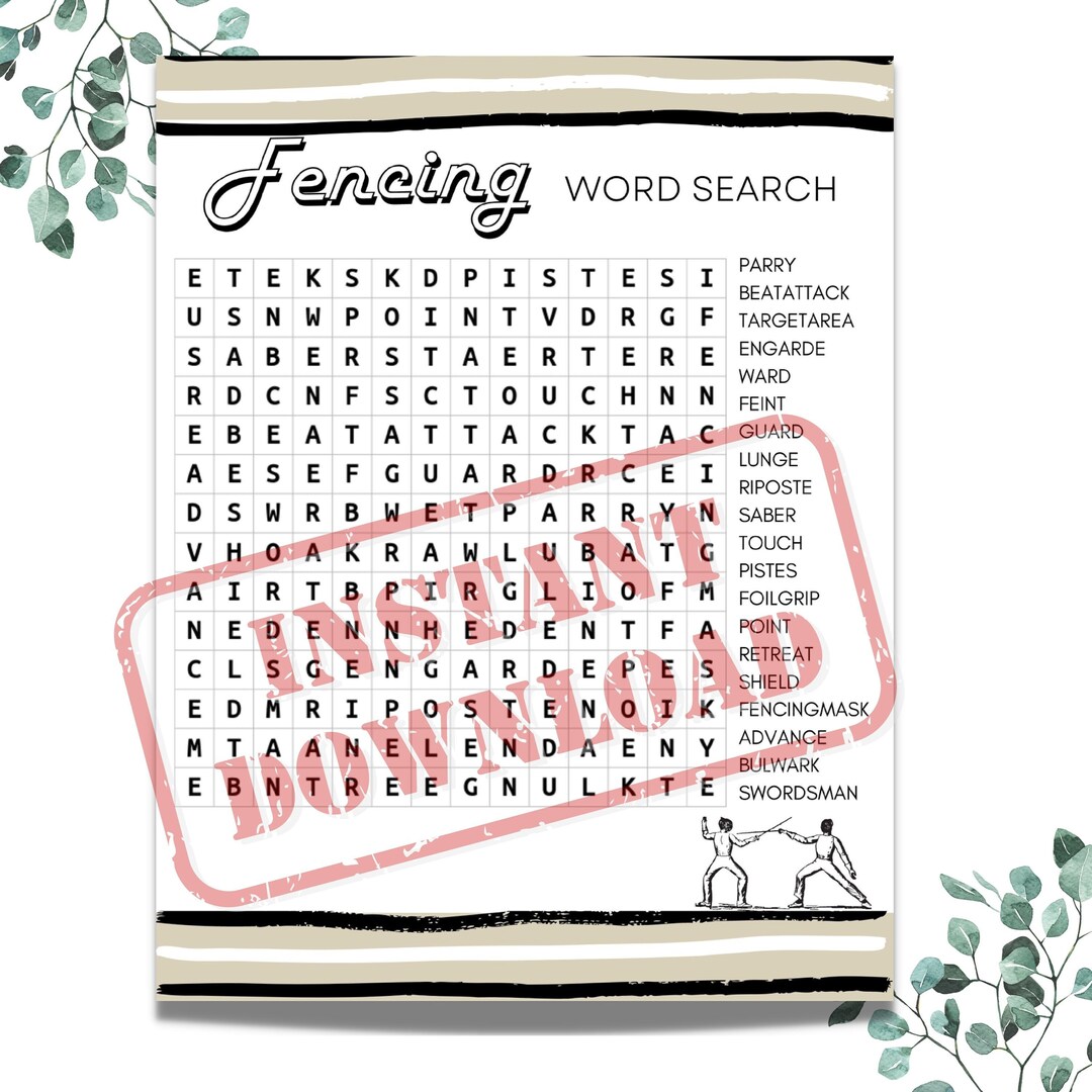 Fencing Word Search Puzzle Game, Etsy