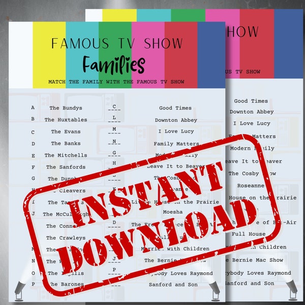 Famous TV Show Families,Family TV Show Trivia Game,Guess that Tv show family, Guess the Famous TV Show Families, Printable Games