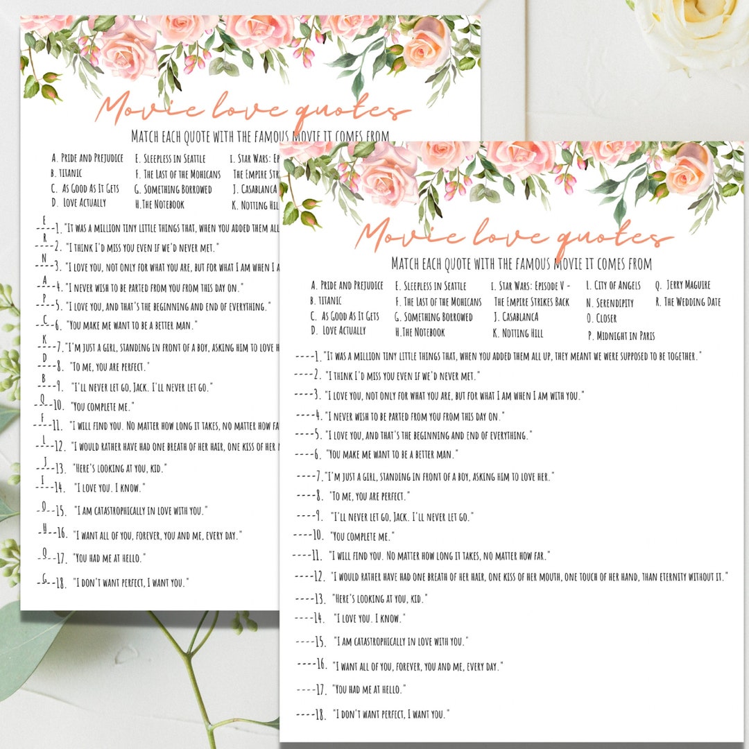 Movie Love Quote Matching Game, Movie Love Quotes Guessing Games, Movie