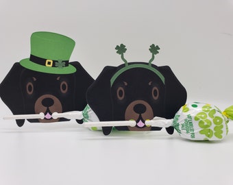 party favors, St Patricks Day cards, Lollipop holder, treat candy card holder, party favors, 4 leaf clover card, Dachshund tag, card kit