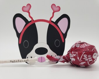 Lollipop Valentine holder, Candy Favors, valentines cards kids, Party Favors, Valentine card exchange, French Bulldog Valentines, card sets