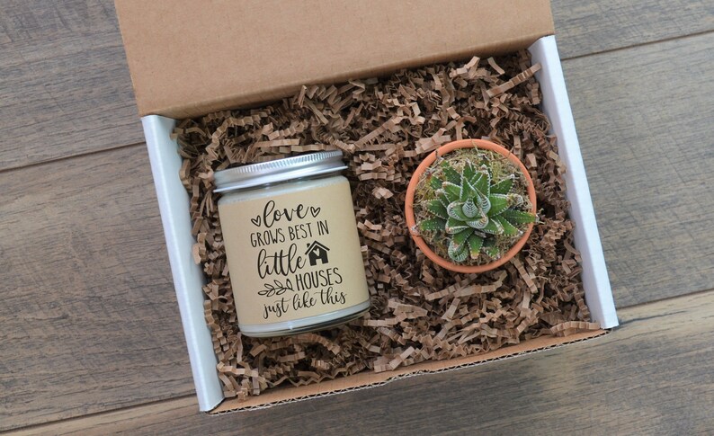 Housewarming Gift New Home Gift Moving Gift Box Love Grows Best in Little Houses Personalized Soy Candle and Succulent Gift Box