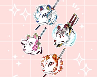 May include: Four colorful fox mask stickers with swords. Each mask has a different design and color scheme. The masks are surrounded by a white background.