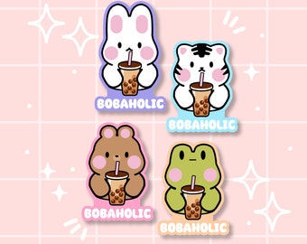 Kawaii dieren Boba-stickers | Gestanste vinylstickers | Laptopstickers | Sticker waterfles | Leuke stickers