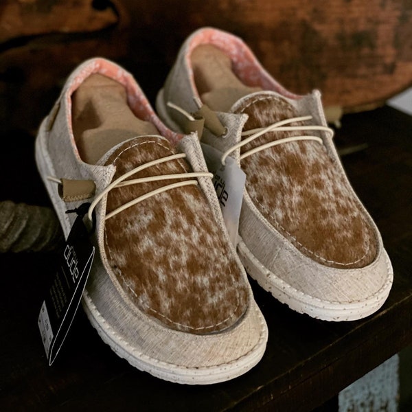PREORDER Cow hide dudes | Cow Hide Hey Dudes, Brown and White Cow Hide Shoes, Custom Hey Dudes, Hey Dudes