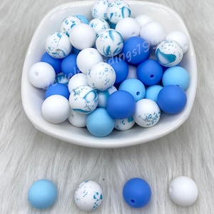 Siliconenkralen met gemengde print, blauw-witte mix siliconenkralen, 12/15 mm ronde siliconenkralen, 20/50/100 stks bulkkralen, doe-het-zelf kralensieraden