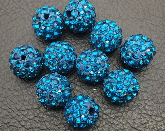 AAA Grade 20/50Pcs/Lot Peacock Blue Micro Pave Clay Disco  Beads Spacer,Diamond Bead /Crystal Rhinestone Bead 10MM