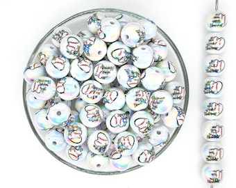 16mm Baseball Print Acrylic Bubblegum Beads,Round Resin Beads,Gumball Beads,Keychain Beads