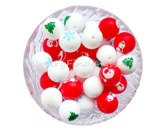 Christmas Trees 15mm Silicone Beads, Print Wholesale Loose Round