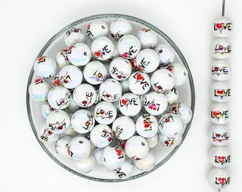 16mm Love Heart Print Acrylic Beads,Gumball Beads,Resin Beads,Valentine's Day Beads