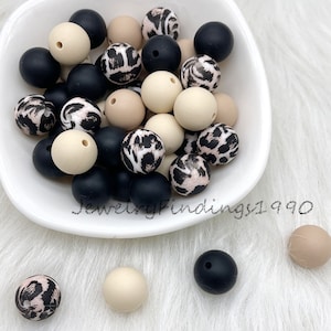 20/50/100Pcs Round Silicone Beads, 12/15mm Silicone Beads, Leopard, Navajo White, Oatmeal, Black Mix Color Silicone Beads, DIY Keychain