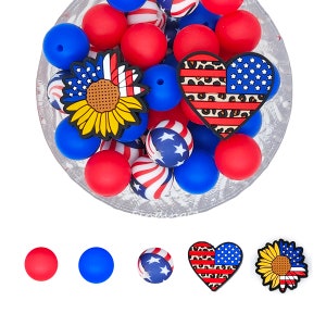 Assorted Patriotic Silicone Beads, Flag Focal Beads,15mm Silicone Beads Mix