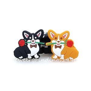 Valentine's Day Corgi With Rose Beads, Focal Silicone Beads, Corgi Pet Dog Silicone Beads, Bulk Silicone Beads, Animal Beads