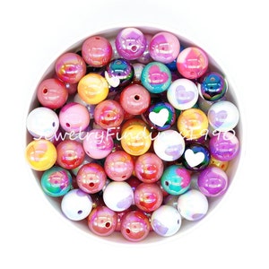 Heart UV Coated Acrylic Beads, 16mm Bubblegum Beads, Pen Beads, AB Glossy Round Beads