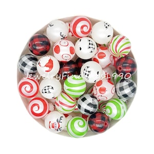 Chunky Bubblegum Print Acrylic Beads, Christmas Acrylic Beads, Bulk 20mm Bubblegum Beads