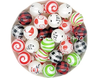 Chunky Bubblegum Print Acrylic Beads, Christmas Acrylic Beads, Bulk 20mm Bubblegum Beads
