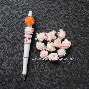 10pcs/Lot Pink Flower Fancy Beads,Floral Acrylic Beads,Hand Painted Beads,Pen Beads