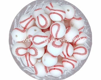 Round White Baseball Print Beads, Bulk Silicone Beads, Print Silicone Beads, 15mm Silicone Beads, Charm Accessories, Wholesale Beads, #111