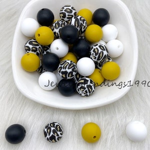 Mustard, Black, White, Leopard Silicone Beads, 12/15mm Round Silicone Beads, Print Silicone Beads, Wholesale Mixed Color Beads