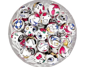 Round Silicone Beads, 15mm Cartoon Print Silicone Beads, Loose Silicone Beads , Pearl Beads for Necklace DIY Jewelry Accessories