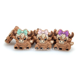 Baby Girl Cow Beads,Highland Cow With Bowknot Silicone Beads,Focal Beads for Pen