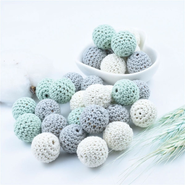 16-20MM Crochet Perles en bois, Perle tricotée, Menthe Gris Série Crochet Perles Accessoires, Crochet Perles Rondes, Bricolage Bijoux Collier Fabrication